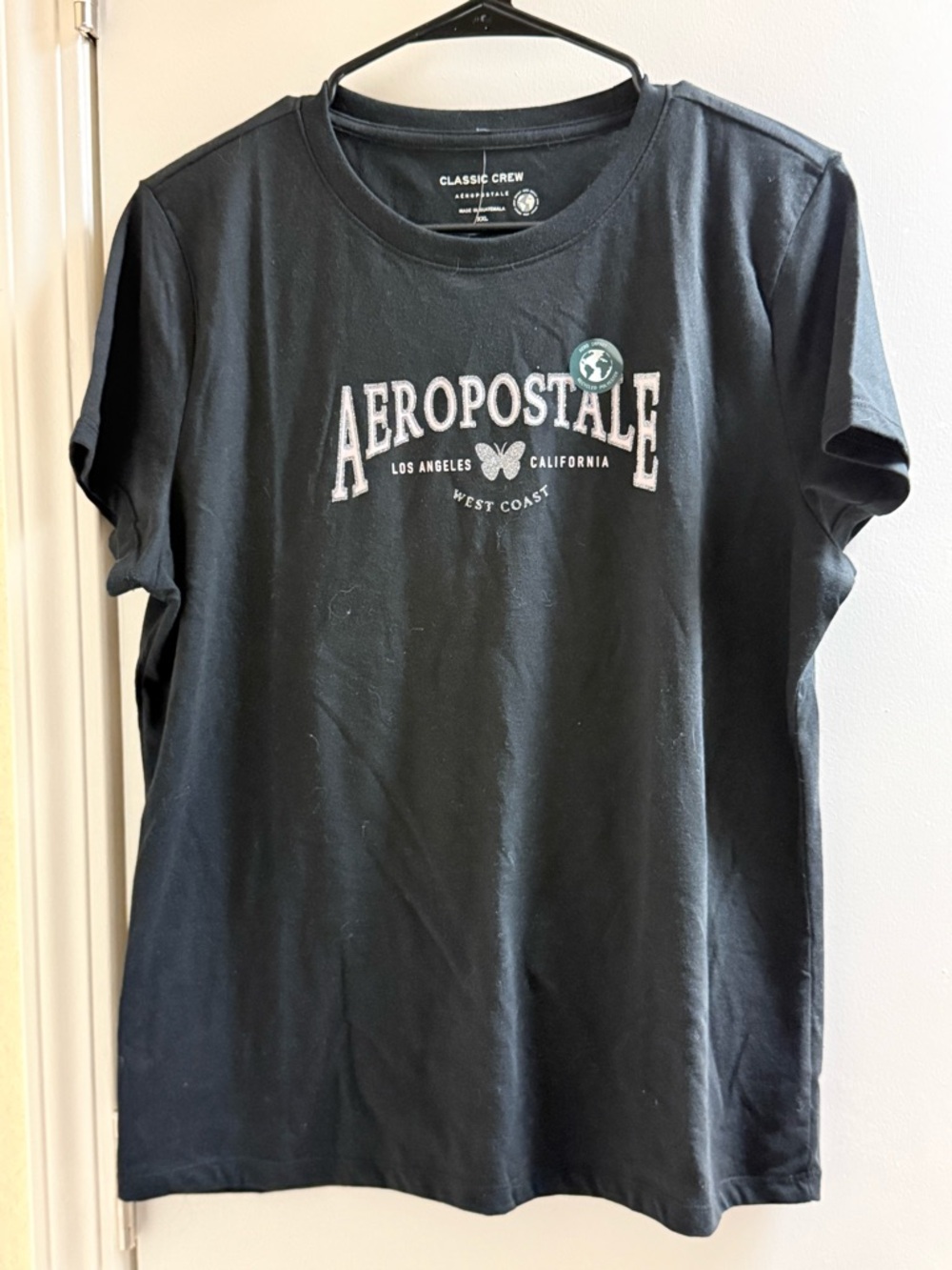 Aeropostale Black Classic Crew Tee with White Print and Butterfly Graphic